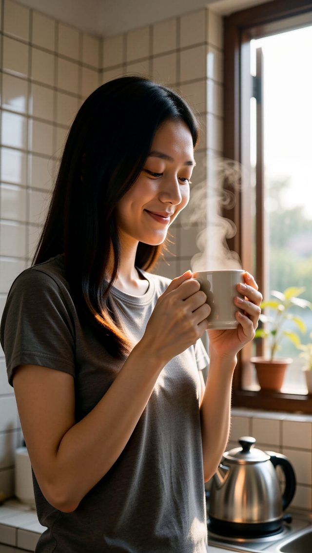 YURA holding a cup of something hot in a kitchen, early morning light at the window.