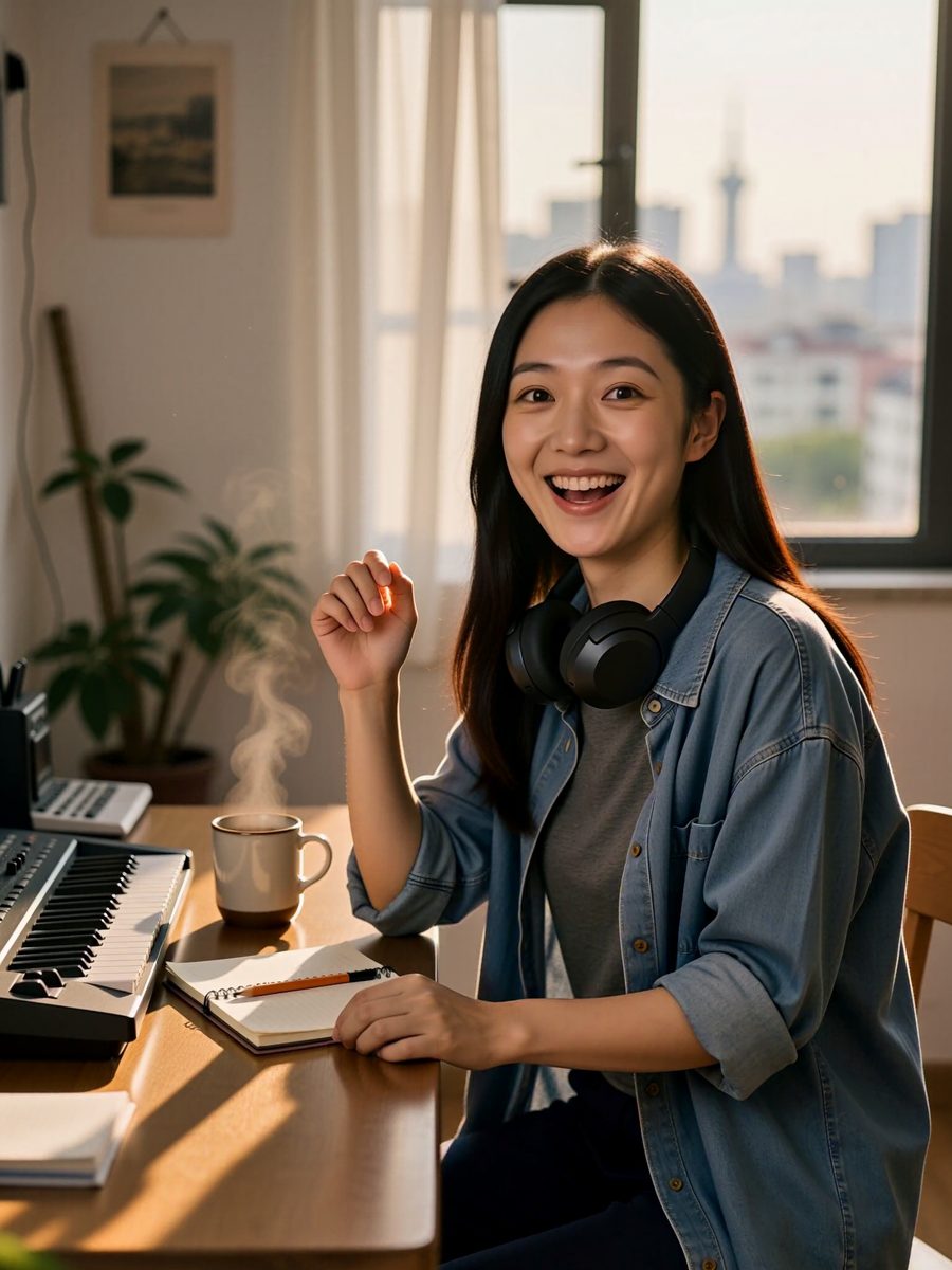 YURA laughing at her desk, headphones round her neck, a keyboard and a notebook in front of her, the city out the window.