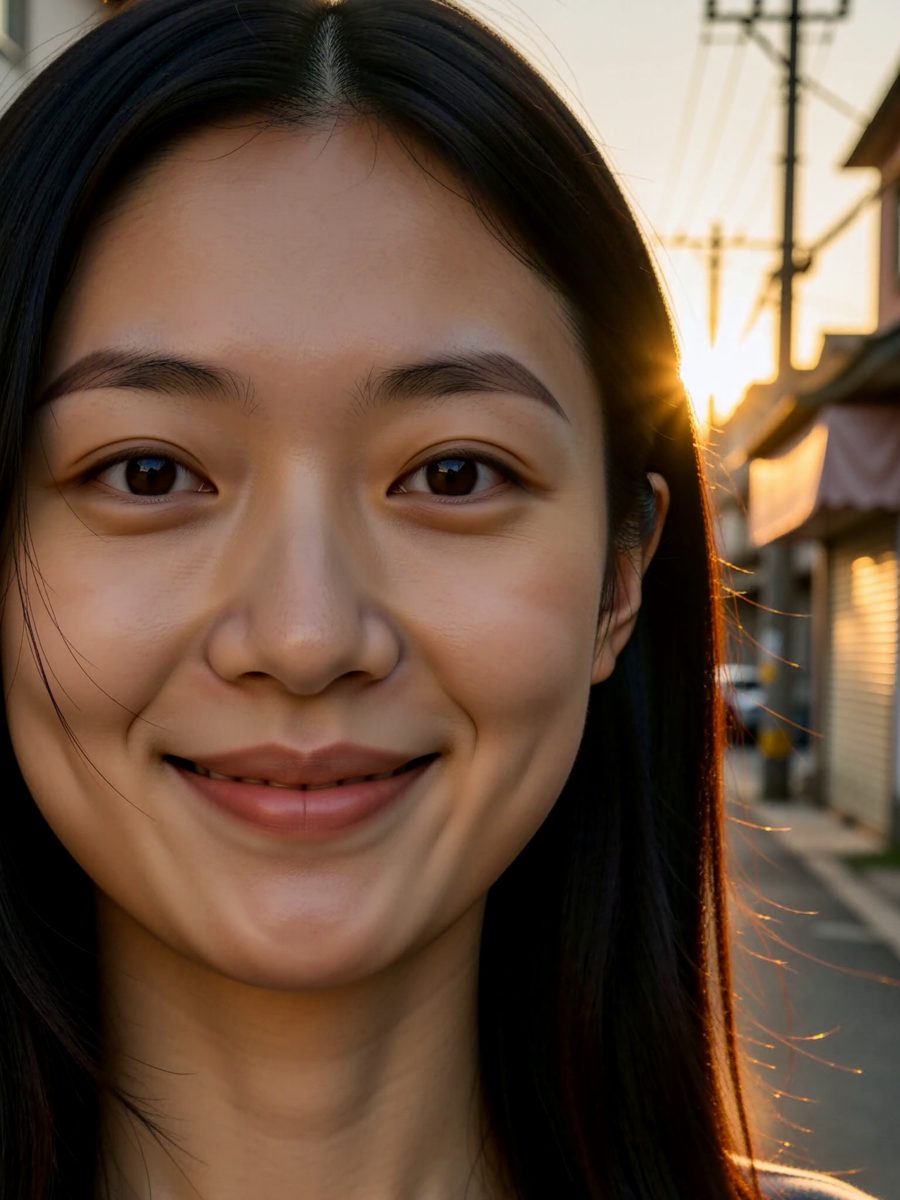 YURA outside at sunset, smiling, the low sun behind her.