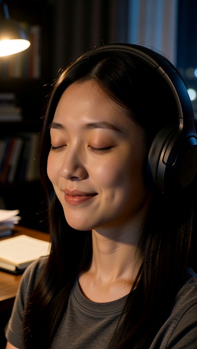 YURA, eyes closed under headphones at a desk at night, one lamp on.