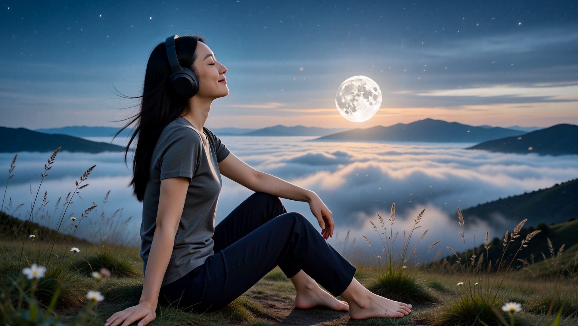 YURA sitting on a ridge above a sea of cloud at dusk, headphones on, a full moon behind her.